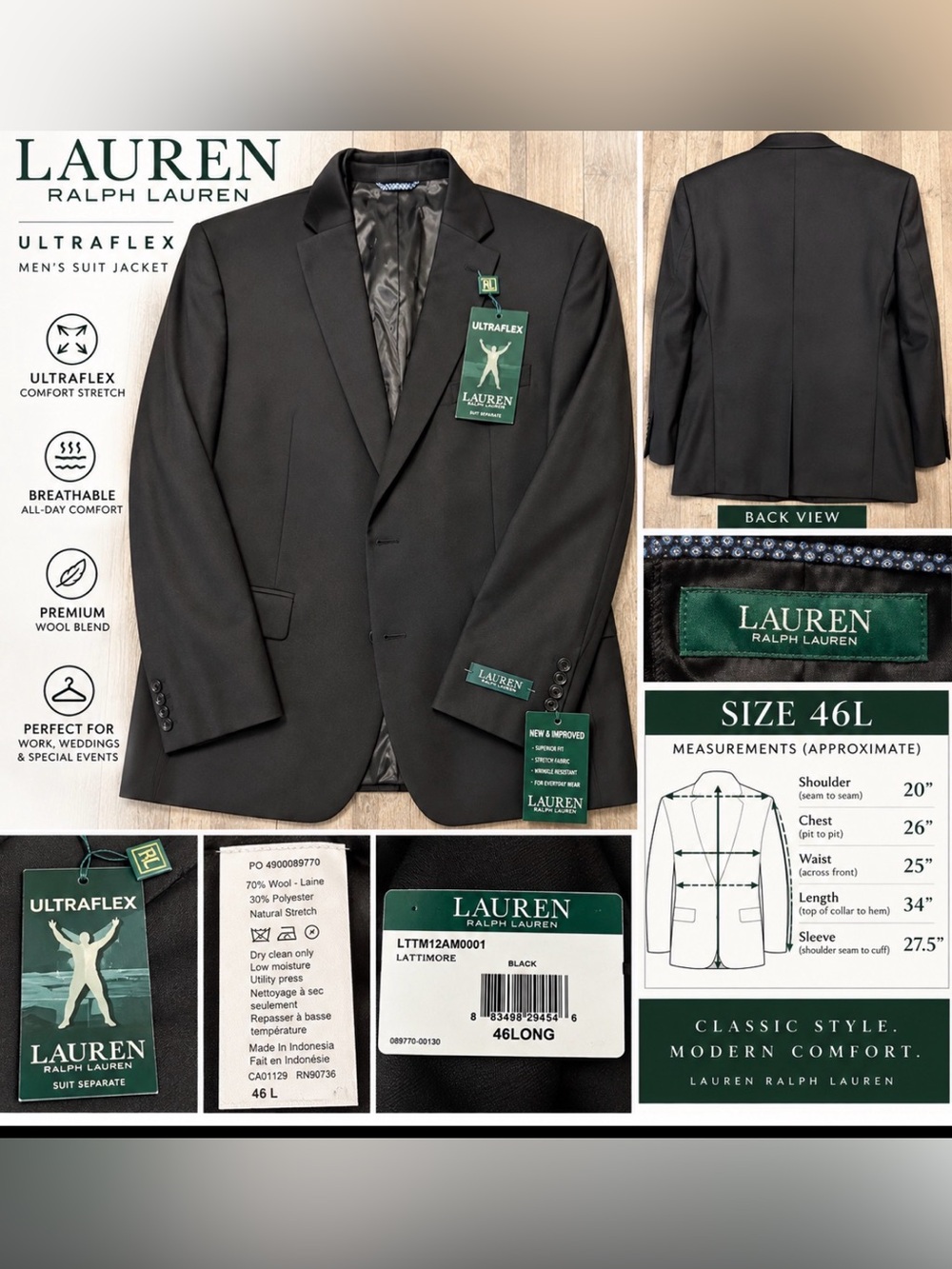 Lauren Ralph Lauren UltraFlex Men’s Suit Jacket 46L Long Black NWT